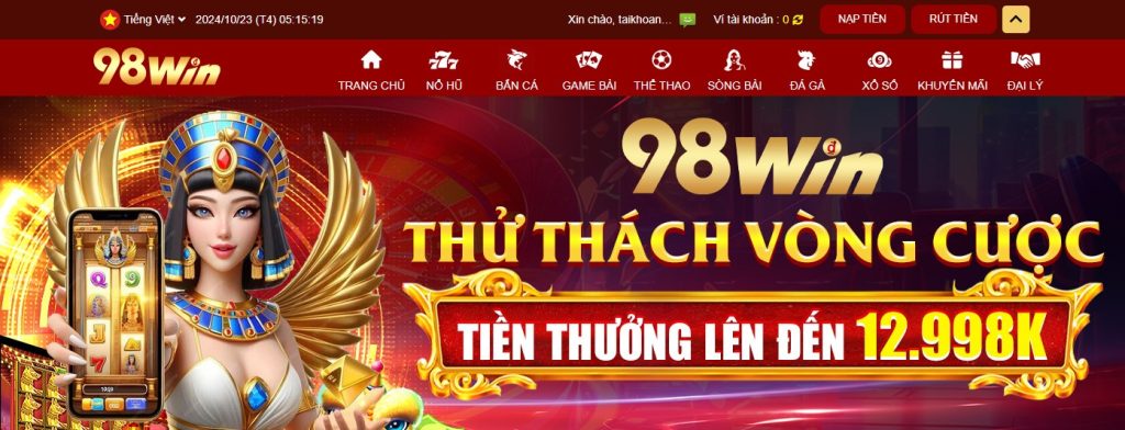 Màn hình hiển thị đăng nhập 98win thành công