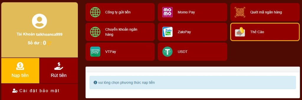 Chọn nạp tiền và chọn phương thức nạp tiền phù hợp